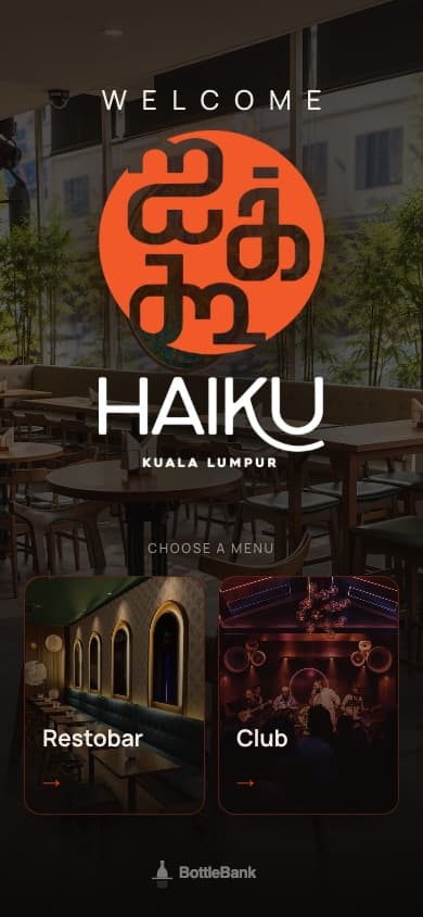The Haiku KL menu cover page: Welcome, Haiku Kuala Lumpur, choose a menu, Restobar or Club