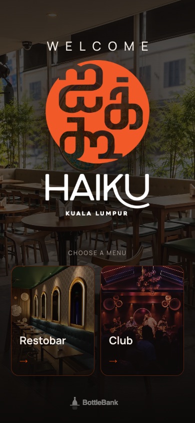 The Haiku KL menu cover page: Welcome, Haiku Kuala Lumpur, choose a menu, Restobar or Club